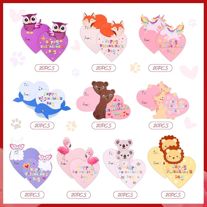 Yexiya 200 Pcs Mini Valentine's Day Cards Assortment Bulk Classroom Exchange for Kids Greeting Animal Box Foldable Love Heart Greeting Cards with Envelopes and Stickers