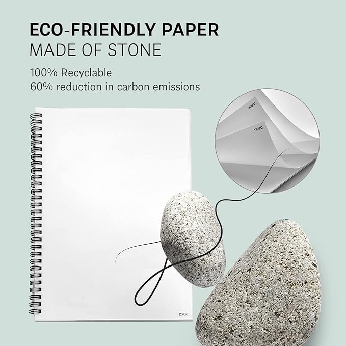 GAK. Stone Paper Notebook | No Lines Spiral Notebook Waterproof Sheet Aesthetic Journal for Note Taking | Notebooks for Work & Aesthetic School Supplies | Large Size, Green (7.2”x10.1”, 50 sheets)