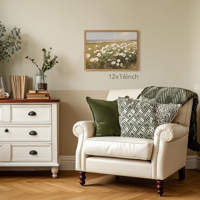 CAZLOUC Vintage Coastal Wall Art, White Wildflower Wall Decor, Rustic Farmhouse Landscape Canvas Painting, Nature Seaside Floral Poster Print for Bedroom Living Room Office Wood Framed 16x24 Inch