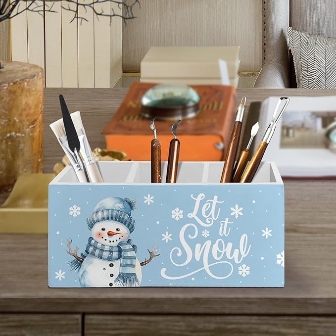 Blue Snowman Christmas Pen Pencil Holder Organizer for Desk Accessories, Snow Winter Christmas Wooden Box Sign Desk Decor for Home Office Decoration