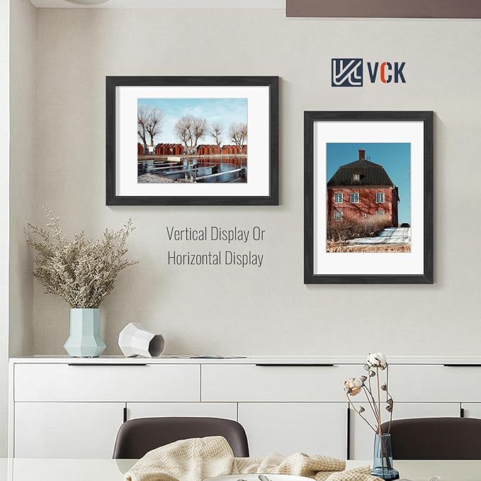 VCK 12x16 Picture Frames Black Set of 5, Wide Border Wood, Tempered Glass, Display 8.5x11 Photo with Mat or 12 x 16 without, for Home, Office, Gallery, Woodgrain Series, Wall Hanging
