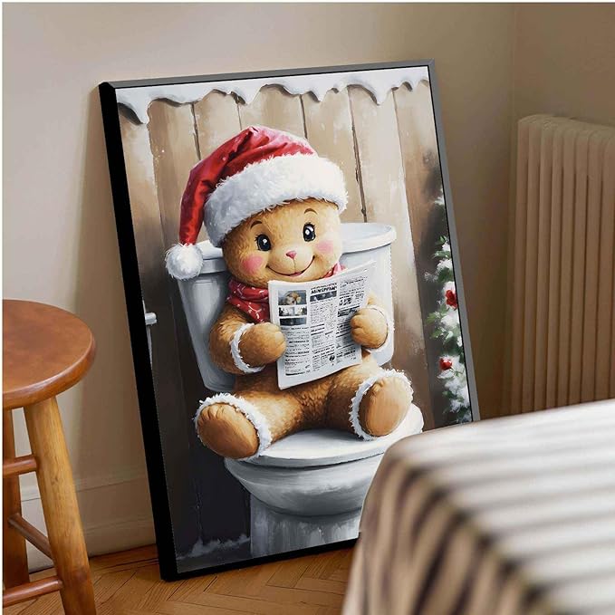 Framed Canvas Wall Art Gingerbread on the Toilet Funny Christmas Poster Bathroom Wall Art Toilet Trendy Christmas Decor 16x24in Metal blackFramed