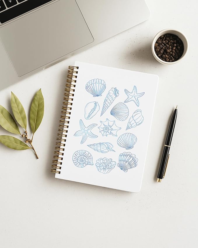 Blue Beach Notebook, Coastal Ocean Journal, Beachy Seashell Starfish Conch Journal for Writing, Beach Lover Gifts for Women, Marine Biology Spiral Notebook, 5.5x8.3 Inch 556