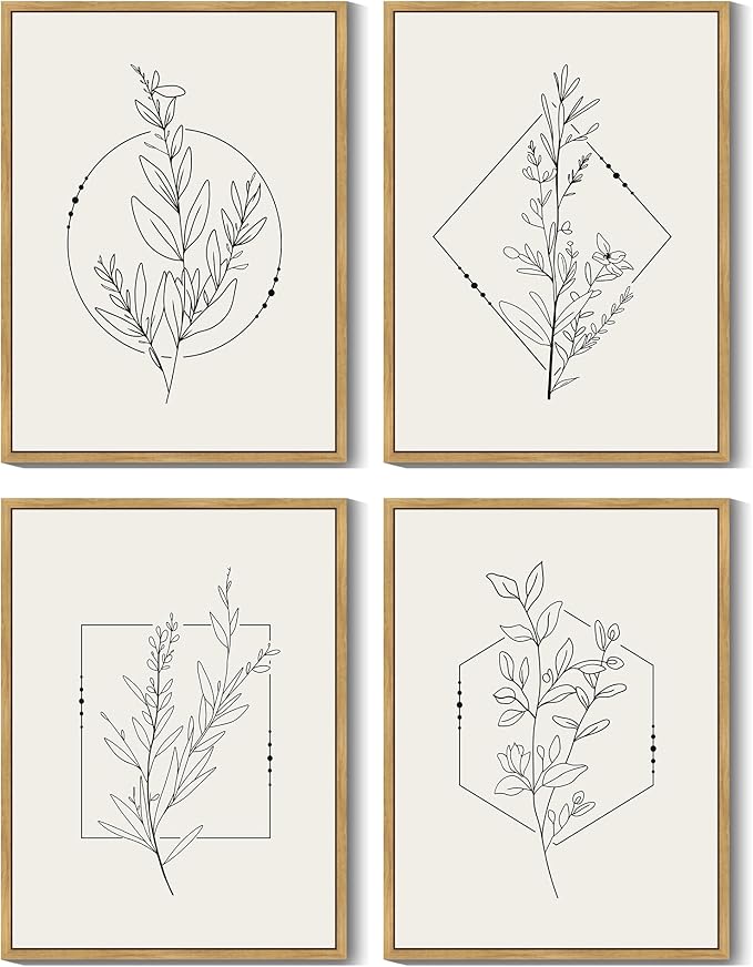 Drsoum Botanical Flower Boho Framed Wall Art Wooded Minimalist Aesthetic Floral Prints Farmhouse Retro Plants Rustic Bathroom Kitchen Home Decor Ready to Hang 11x14inx4pcs (Natural Framed)