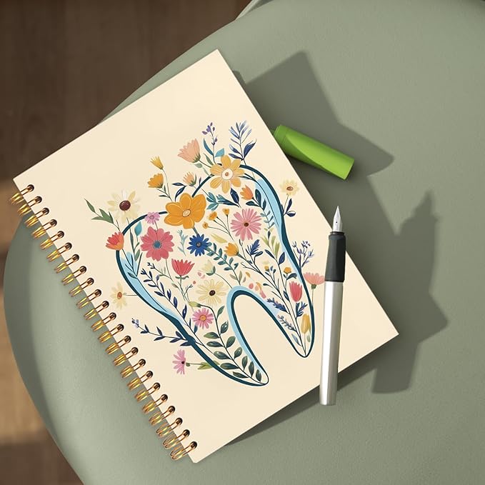 WUCHJ Dentist Gifts Notebook Journal, Dental Assistant Office Gifts for Women, Yellow Floral Tooth Dental Spiral Notebook Journal for Note Taking, Dentist Office Supplies, 5.5x8.3 Inch