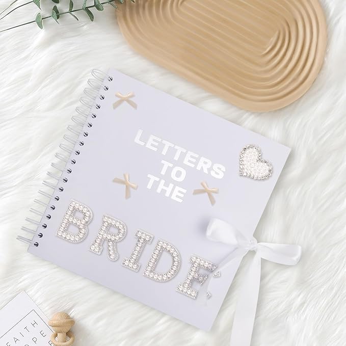 BINBE 8 x 8 Inch Letters to The Bride Scrapbook Kit DIY Blank Paper Scrapbook Photo Album Wedding Memory Book Bridal Guest Book Sign with Pearl Stickers, Letter Patches, Bows White