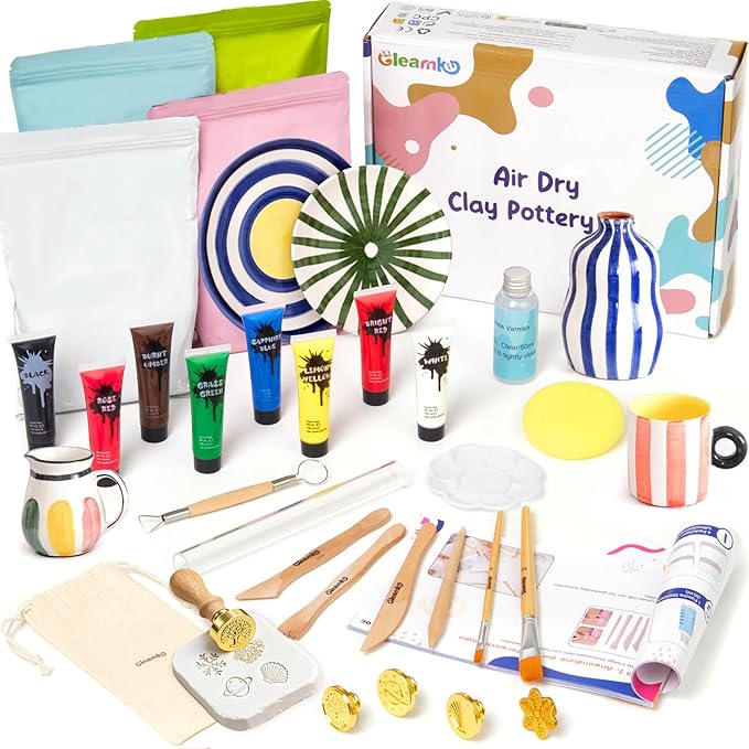 Air Dry Clay Kit for Adults & Kids with Exclusive Stamp | Extra Clay - Complete Sculpting Pottery Kit with Tools & Painting for DIY Ceramic Art, The Gift for Christmas & Thanksgiving