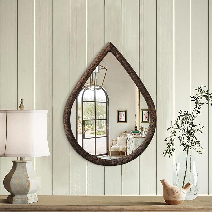 Irregular Wall Mirror with Wood Frame Rustic Wall Mirror Decorative Farmhouse Bedroom Bathroom Droplet Hanging Mirror Brown