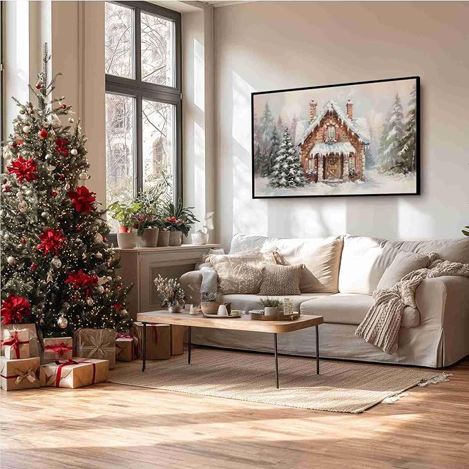 Snowy Cabin Wall Art Christmas Landscape Print Watercolor House Poster Festive Holiday Canvas Print Rustic Winter Scene Wall Decor Indoor Decor for Living Room Bedroom Kitchen Framed Ready to Hang