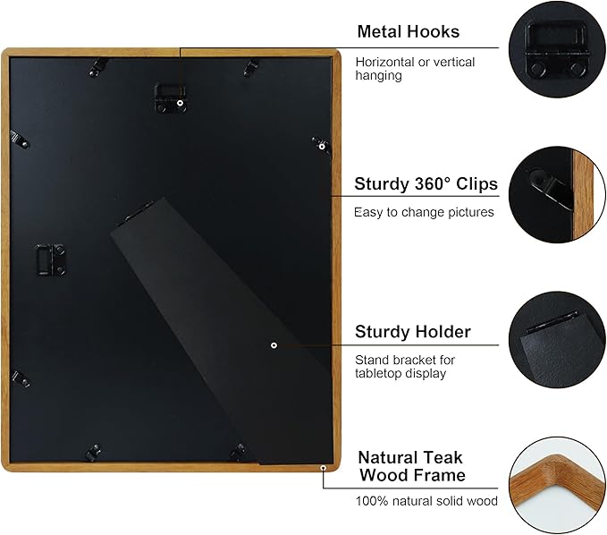 11x14 Picture Frame Natural Teak Wood with Mat for 8x10, Original Natural Solid Wood 11 by 14 Photo Frames with Tempered Glass Cover for Wall and Tabletop Display