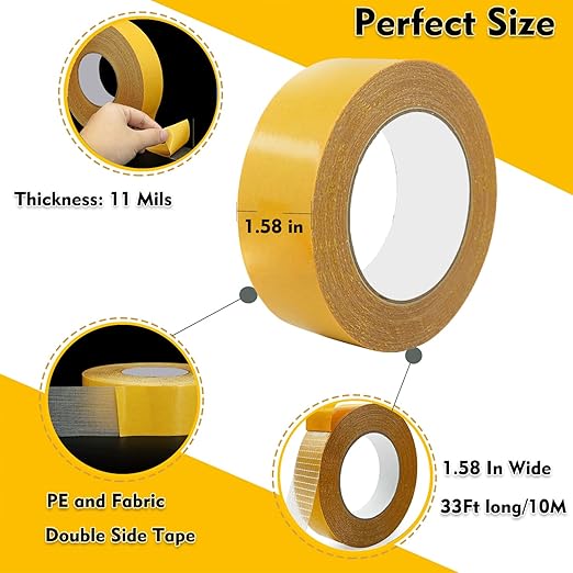 Double Sided Fabric Tape Heavy Duty Mounting Tape 1.58" x 33FT Resistente Clear Super Stick Tape with Fiberglass Mesh High Tack Strong Adhesive for Clothes Carpet Arts