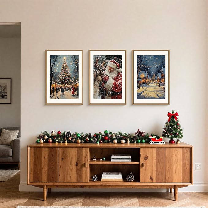 Large Enchanting Christmas Framed Canvas Wall Art Set,Santa Claus Reindeer Wall Decor,Magical Glowing Christmas Tree Artwork,Winter Snowy Village Art Print for Living Room,Bedroom- 24"x36"x3