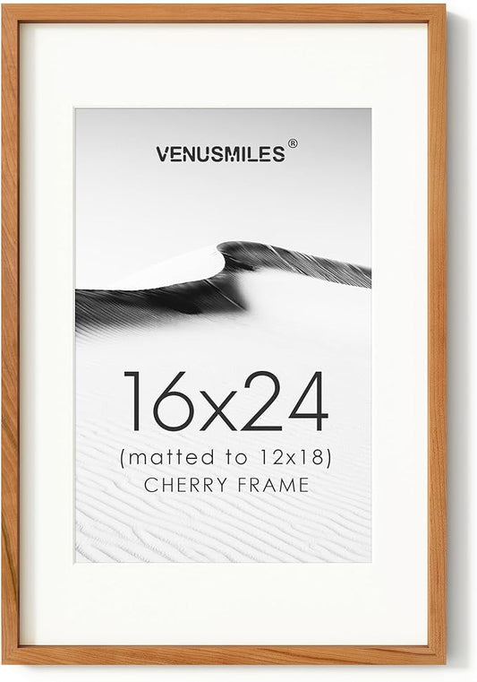 16x24 Poster Frame, USA-Sourced Natural Cherry Wood Picture Collage Frame with HD Tempered Glass, Modern Simple 16 x 24 Wooden Photo Frame Matted to 12x18, Vertical & Horizontal Wall Hanging Display