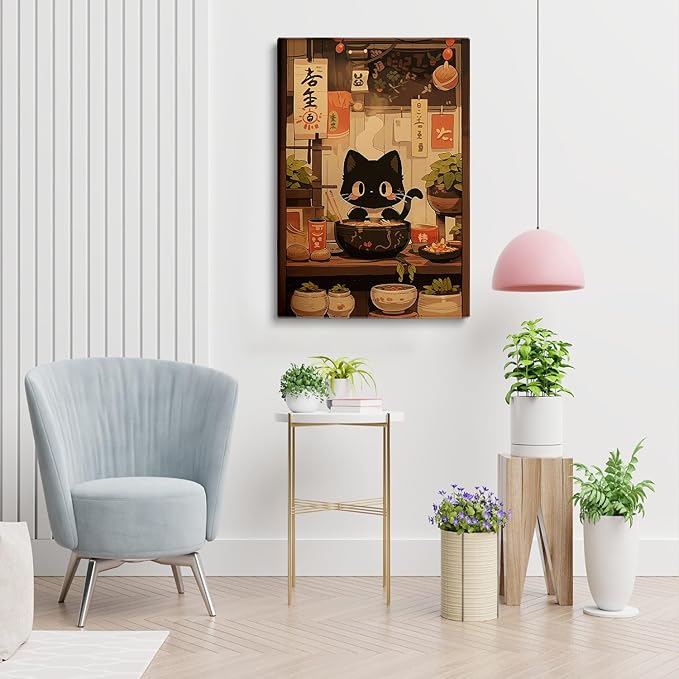 Noodle Black Cat Poster,Tonkine Cat Print,Edo Period Ramen Noodles Art,Ramen Stall Print,Vintage Ramen Print,Japan Black Cat Poster,Eating Hungry Cat For,Kitchen Wall Art12x16Unframed
