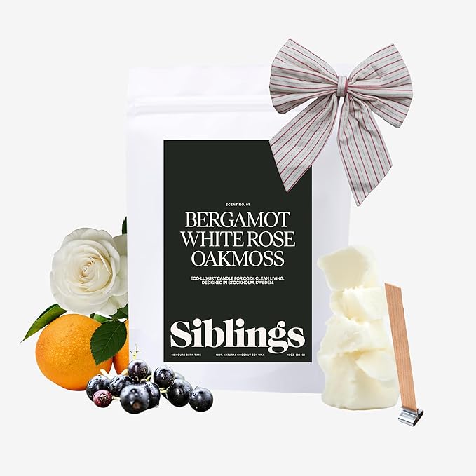 Siblings Candle Making Kit | DIY Coconut-Soy Wax Candle Kit with Wooden Wick | Scent No 01: Bergamot, White Rose, Oakmoss | Clean, Non-Toxic, Reusable, 60 Hr Burn