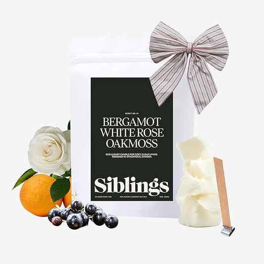 Siblings Candle Making Kit | DIY Coconut-Soy Wax Candle Kit with Wooden Wick | Scent No 01: Bergamot, White Rose, Oakmoss | Clean, Non-Toxic, Reusable, 60 Hr Burn