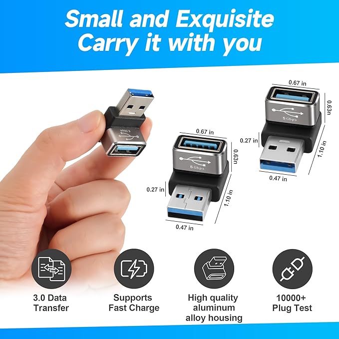Angle USB 3.0 Adapter 10 Pack, Multiple Angles(UP/Down/Left/Right/Straight),USB A Male to Female Connector Converter USB L Shape Extender, Support Charge & Data Sync for PC, Laptop, Mouse, Keyboard