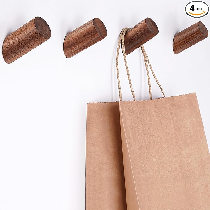 Wall Hook 4 Pack, Wood Coat Hooks Hat Rack, Modern Wooden Hooks for Hanging Hats Coats Towels Planter, Entryway Wall Hanger (Walnut Wood)