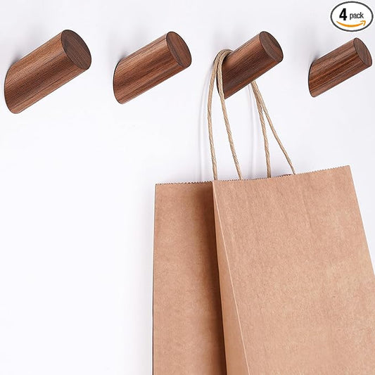 Wall Hook 4 Pack, Wood Coat Hooks Hat Rack, Modern Wooden Hooks for Hanging Hats Coats Towels Planter, Entryway Wall Hanger (Walnut Wood)