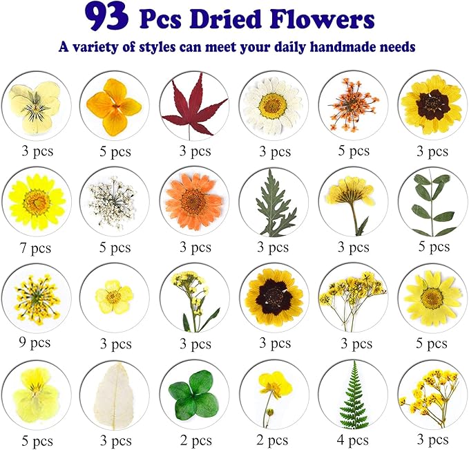 93 Pcs Yellow Dried Pressed Flowers Real Natural Leave Petals for DIY Resin Candle Jewelry Nail Crafts
