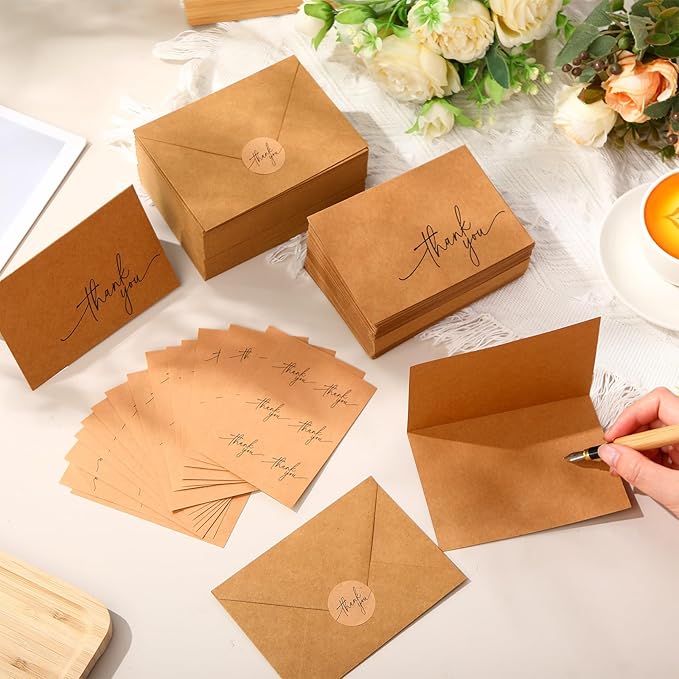 Gueevin 200 Pcs Thank You Cards with Kraft Envelopes and Stickers Bulk, 3.5 x 5 Inch Classy Blank Thank You Notes for Wedding, Business, Graduation, Baby Shower, Bridal Shower, Funeral (Brown)