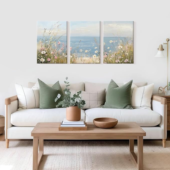 3 Pcs Framed Coastal Wildflower Wall Art Beach Floral Canvas Wall Decor Vintage Coastal Landscape Pictures Ocean Flower Poster Summer Floral Prints Seascape Painting for Living Room Bedroom 12x16 inch Ready to Hang