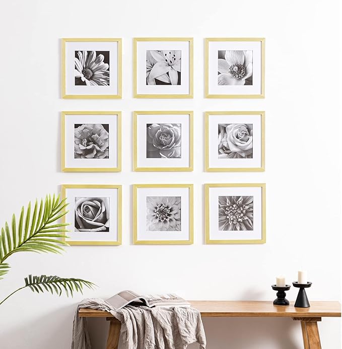 eletecpro 12x12 Picture Frames Set of 9 with Mat for 8x8 Photos or without Mat for 12x12, Square Gallery Wall Decor Collage for Picture Display, Gold Frame Set for Wall Hanging