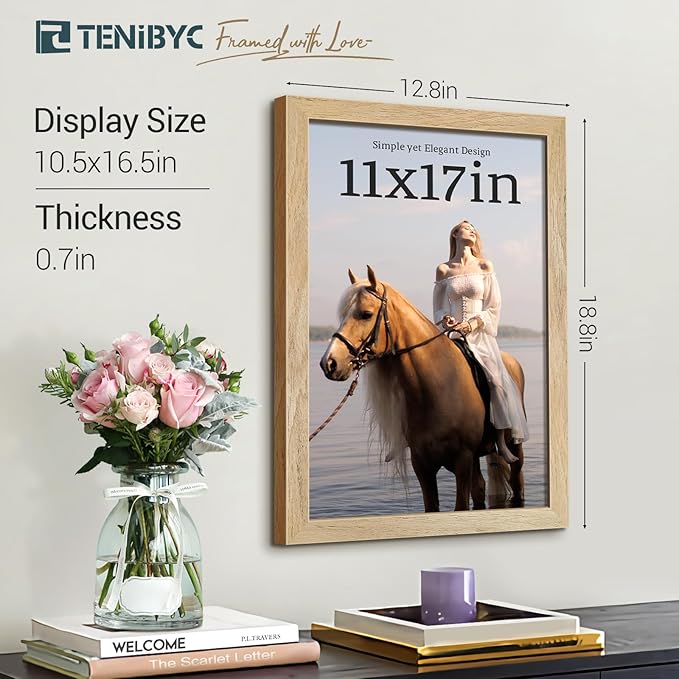 11x17 Picture Frame 4 Pack, Natural Solid Wood Poster Frame with HD Tempered Glass, Elegant Wood Grain, Wall Hanging