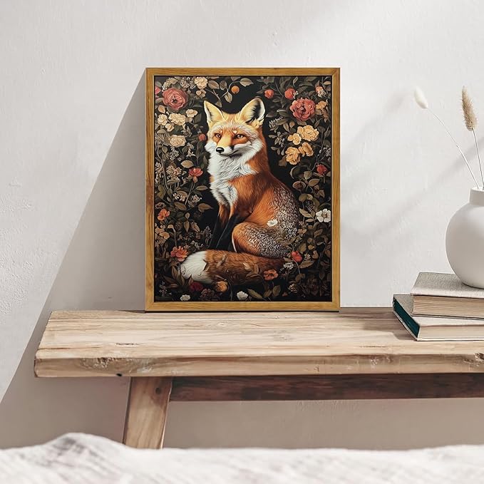 Framed Vintage Wall Art, Boho Canvas Wall Art, Dark Flowers Pictures, Nature Botanical Wall Decor, Fox Animal Paintings Prints, for Living Room Bedroom Home Decor 12x16in