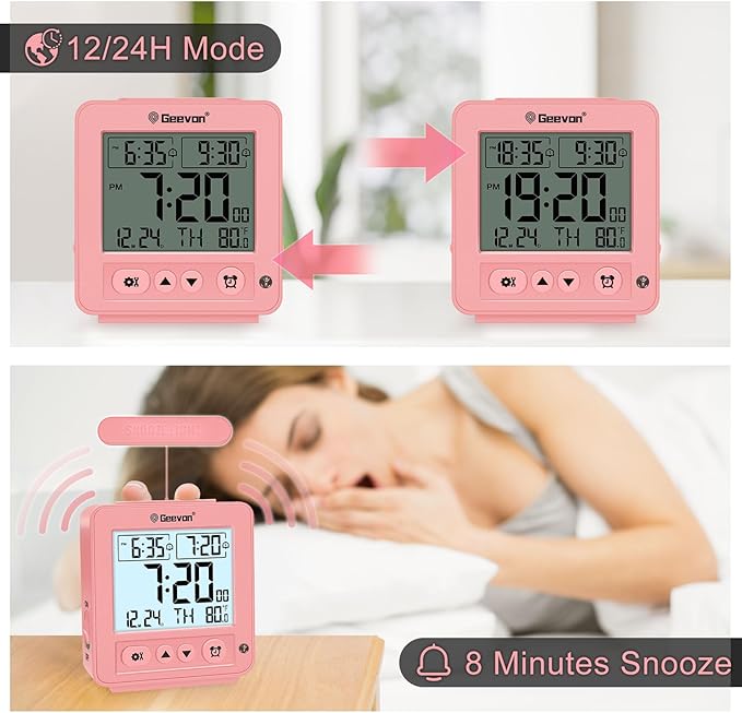 Geevon Smart Night Light Small Digital Alarm Clock with 2 Increasing Beep Alarm, Indoor Temperature, Battery Operated Travel Clock for Bedroom, Bedside, Desk(Pink)
