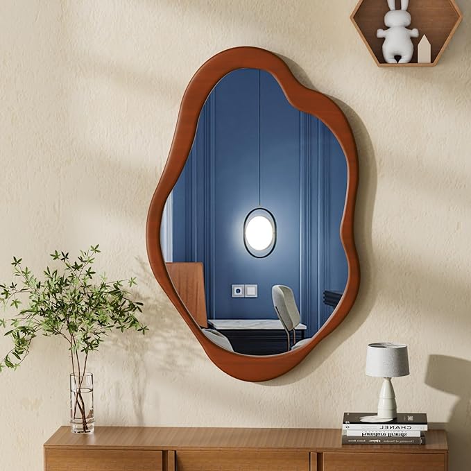 41''x 28' 'Wavy Cloud Mirror Irregular Wall Mirror with Wood Frame, Modern Decorative with Hanging Hooks, Asymmetrical for Bedroom Living Room Entryway Walnut Color