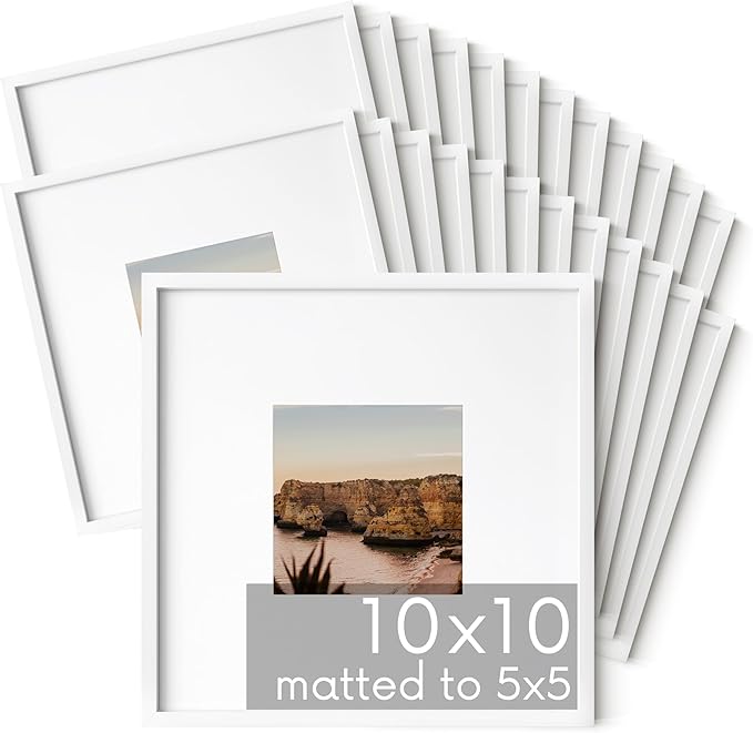 HAUS AND HUES 10x10 White Metal Picture Frames Matted to 5x5 - Features Premium Aluminum & Hanging Hardware, Shatterproof Plexiglass - Ideal for Home, Room, Office (10x10 in, White, Set of 25)