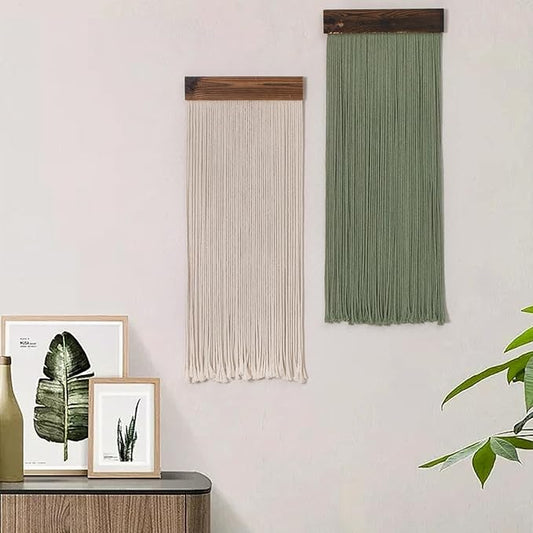 LB Beige Light Green Macrame Wall Hanging Set of 2, Boho Tapestry Wall Hanging Macrame Wall Art Handmade Yarn Woven Wall Art Modern Home Decor Headboard Wall Decor for Bedroom Living Room, 12x31 Inch
