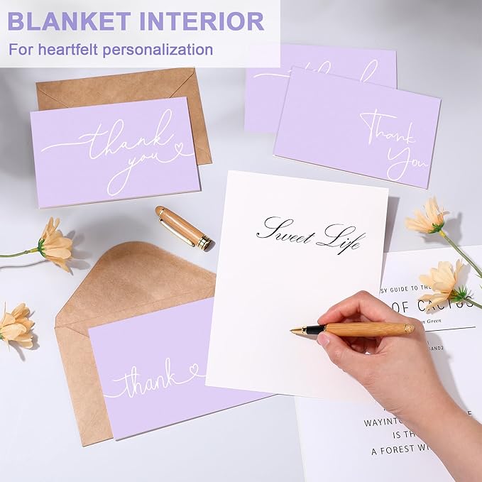 Teling 200 Set Thank You Cards with Envelopes Bulk, 6 x 4 Inch Blank Thank U Greeting Notes with Brown Kraft Envelopes Stickers Thankyou Card Set for Graduation Wedding Birthday Baby Shower(Purple)