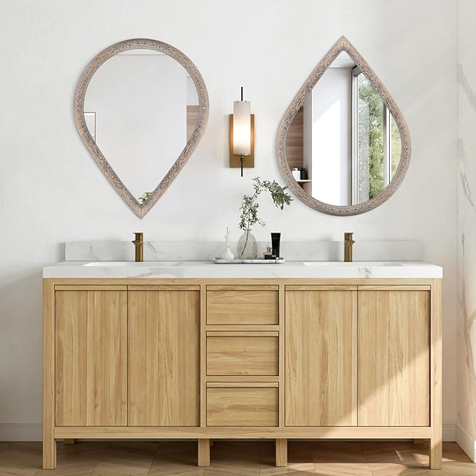 Rustic Farmhouse Wall Mounted Mirror Solid Wood Frame Teardrop Mirrors Wall Decorative Mirror for Bathroom Entryway Living Room Home Decor