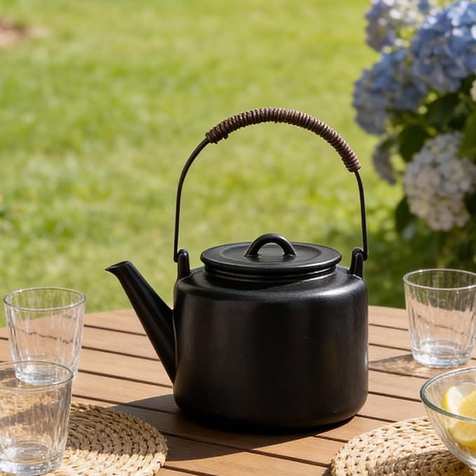 Small Stove Safe Ceramic Teapot with Cold Touch Curved Handle (27oz) - Hand-Glazed Finish - Suitable for Boiling Water and a Variety of Teas and Herbs - Matte Black