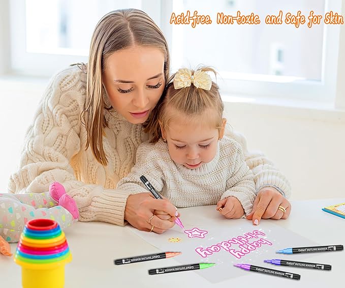 Caliart Stocking Stuffers for Kids Teen Girls, 24 Colors Outline Markers Shimmer Glitter Pens, Christmas Tween Teen Girl Gifts Trendy Stuff, Art Supplies for 6-8-10-12 Year Old Cool Fun Craft Drawing