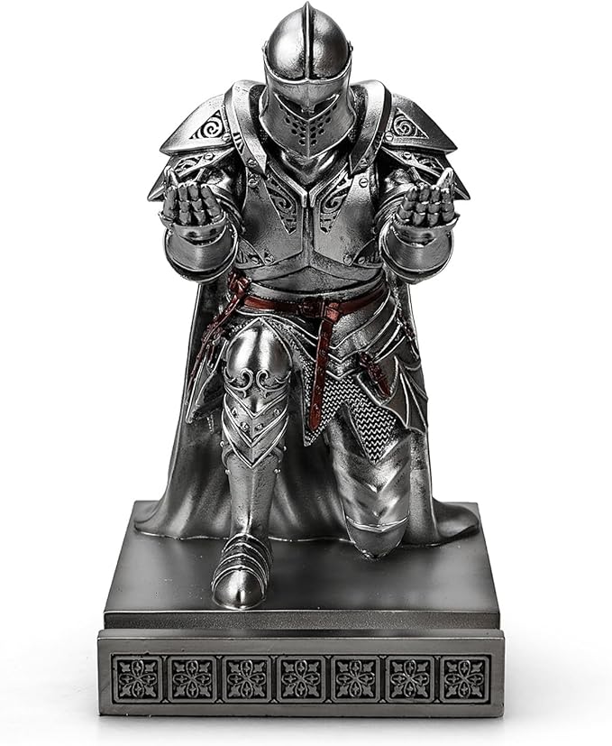 King's Guard Leader Cloak Warrior Knight Pen Holder Mobile Phone Stand, Ornament Knight Statue, Pen Stand Paperweight for Office and Home (Silver)