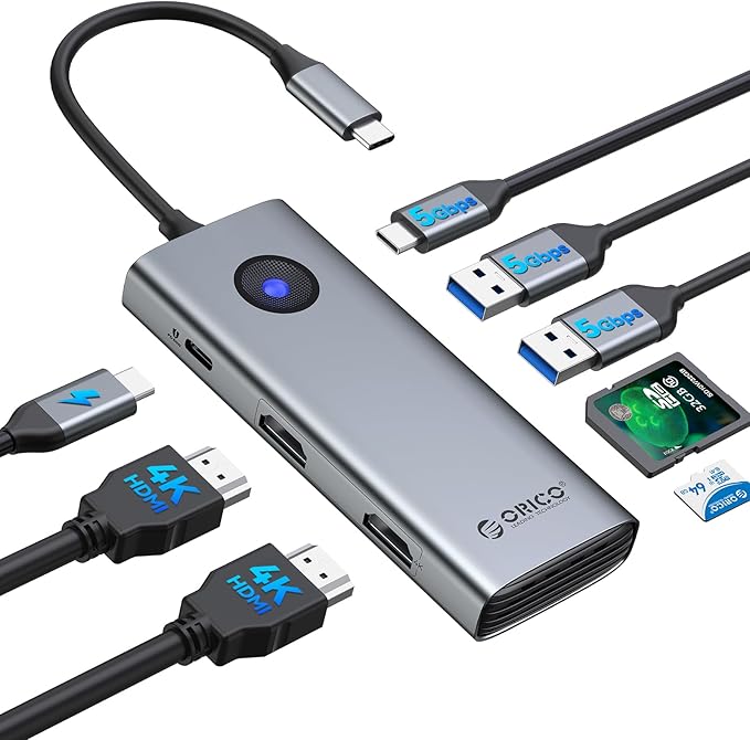 ORICO USB C Docking Station Dual Monitor, 8-in-1 USB C Hub with 2 HDMI 4K@60Hz Ports, 100W PD Charging, USB-A&C 3.0, SD/TF for Laptop MacBook Dell PW11-8PH