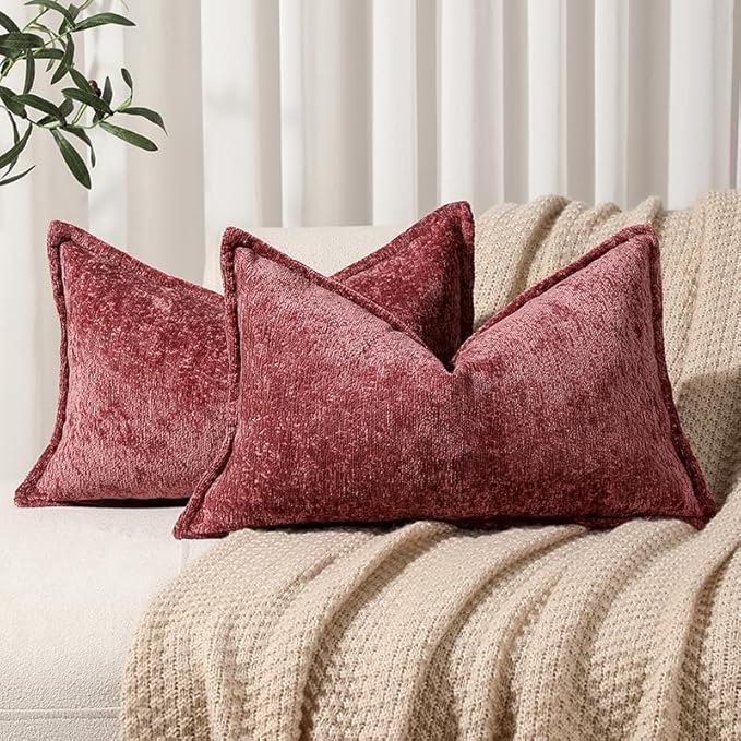 Pack of 2 Christmas Burgundy Fall Decorative Throw Pillow Covers 12x20 Cozy Soft Chenille Accent Vintage Rectangular Lumbar Couch Pillow Covers for Home Decor Bed Sofa Living Room