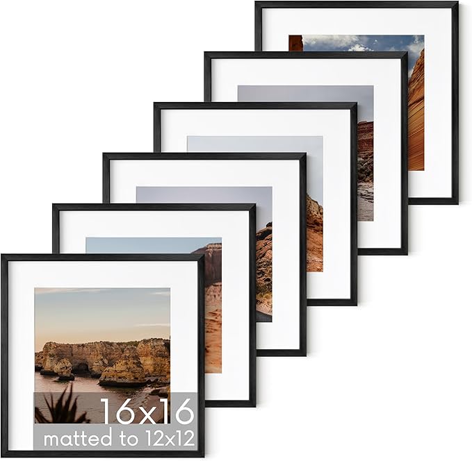 HAUS AND HUES 16x16 Black Metal Picture Frames Matted to 12x12 - Features Premium Aluminum & Hanging Hardware, Shatterproof Plexiglass - Ideal for Home, Room, Office (16x16 in, Black, Set of 6)