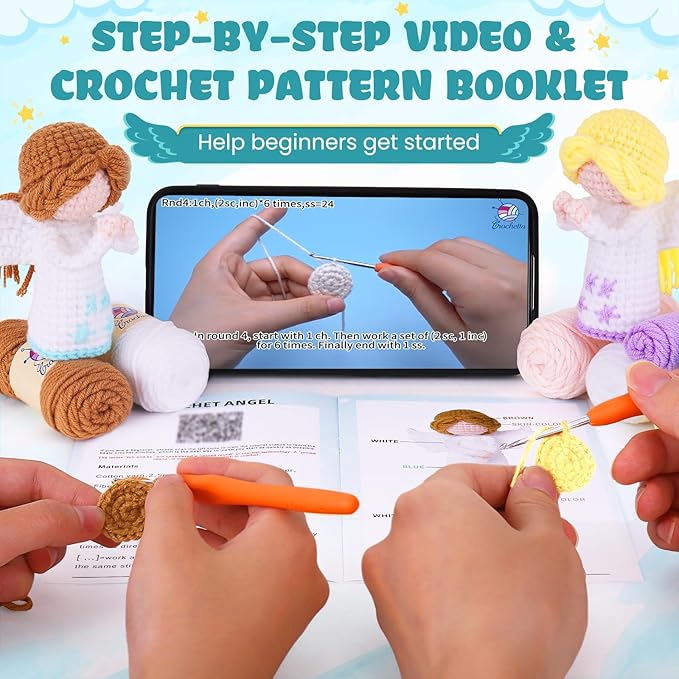 Crochetta Crochet Kit for Beginners, Beginner Crochet Kit for Adults with Step-by-Step Video Tutorials, Amigurumi Crochet DIY Knitting Supplies for Adults Kids, 2-Pack Angel (40%+ Yarn)