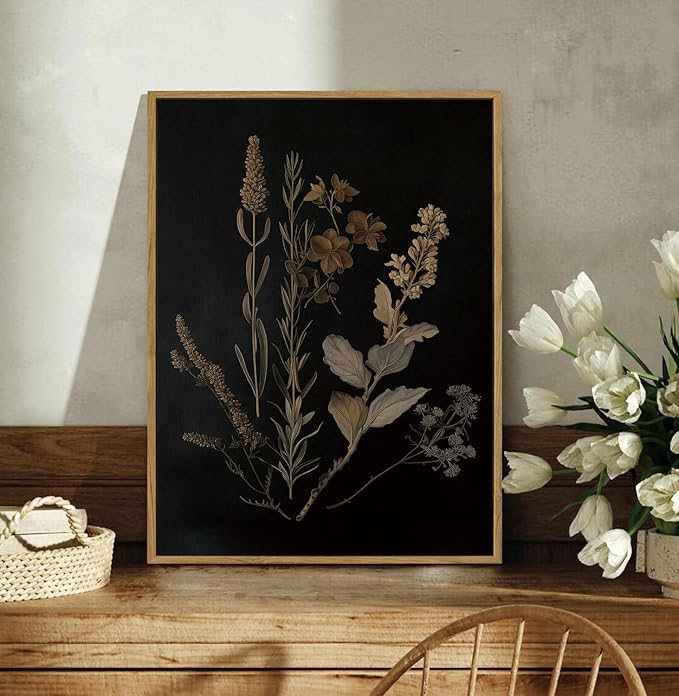YOYIAXT 2 Pieces Dark Botanical Canvas Wall Art Vintage Moody Floral Framed Wall Art Modern Rustic Gothic Dark Academia Aesthetic Flower Art Print Artwork For Bedroom Living room Office, 12x16 in