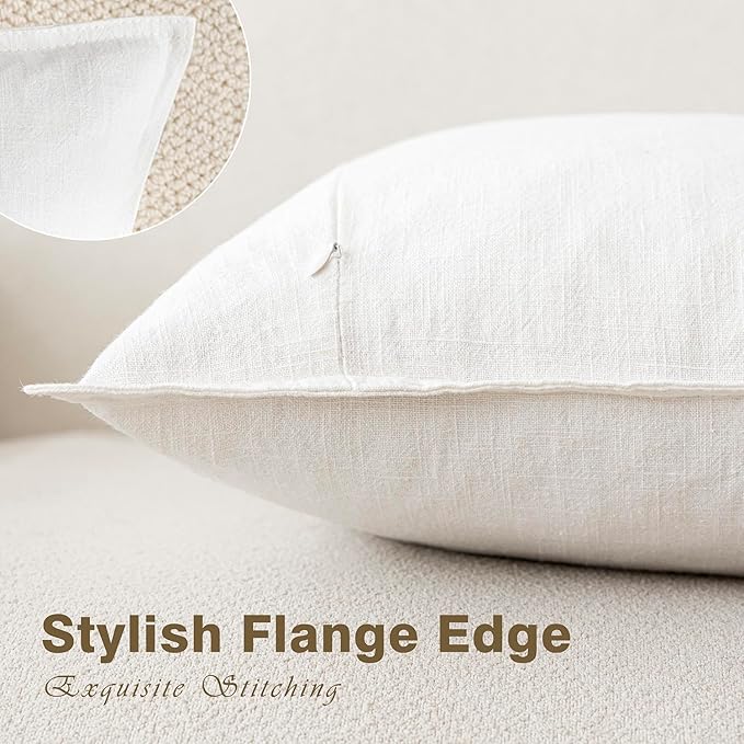 Foindtower Pack of 2, Decorative Linen Soild Throw Pillow Covers Soft Accent Cushion Case Boho Farmhouse Neutral Pillowcase for Chair Couch Sofa Bedroom Living Room Home Decor 24 x 24 Inch Cream White