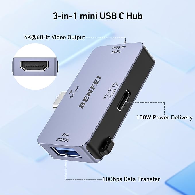 BENFEI USB C to HDMI 4K@60Hz, 10Gbps USB-A, 100W Power Delivery Compatible with iPad Pro, MacBook Pro/Air, iMac, iPhone 16/15 Pro/Pro Max, XPS, Thinkpad and More