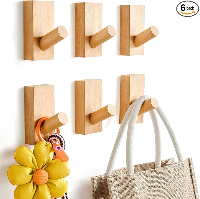 Natural Wooden Wall Hooks, Adhesive & Screw Mount Coat and Towel Hooks - Decorative Key Holder, Hat Rack, Stocking Wall Hangers for Bathroom Entryway Closet - 6 Pack, Beech Wood