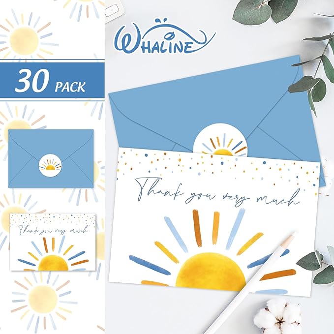 Whaline 30 Packs Baby Shower Thank You Cards Boho Sun Greeting Cards Blue Sunshine Blank Note Card with Envelopes and Stickers for Birthday Holiday Baby Shower, 4 x 6 Inch