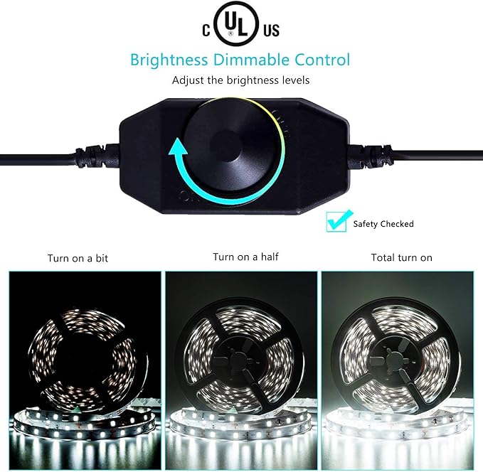 20FT White LED Strip Lights, Dimmable 6000K 360LEDs, Rope Strip Lights, Under Cabinet LED Strip Lights Tape with UL Power Supply for Kitchen, Wedding, Mirro, Not Waterproof.