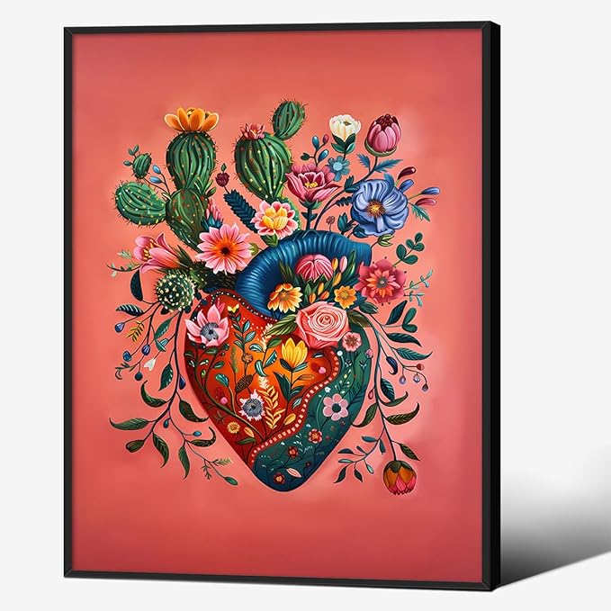 Mexico Blooming Heart Canvas Poster Colorful Vintage Botanical Wall Art Funky Trippy Pink Prints 08x10 inch Black Framed for Bed Living Room Apartment Wall Decor