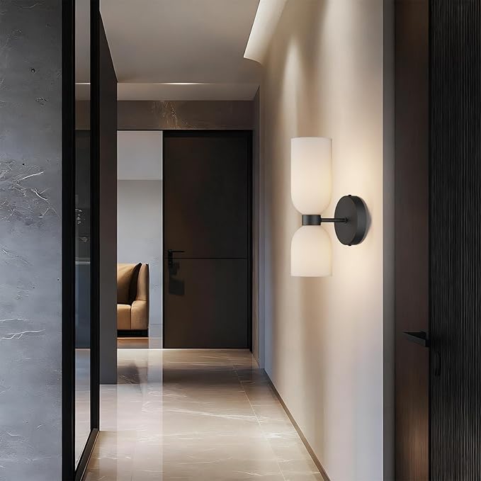 Tipace Black Wall Sconces Set of Two,Modern Bathroom Sconce with Milky White Glass,Hardwired Wall Light Fixtures for Bathroom Living Room Bedroom Hallway,E12 Base(Bulbs Not Included)